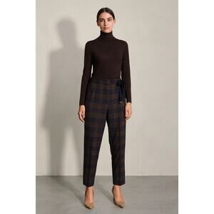 Peserico Women’s Italian Virgin Wool Brown Navy Plaid Trousers  EU 44 / US 10